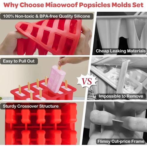 Miaowoof Homemade Popsicle Molds, 10-Cav Non-BPA Silicone Ice Pop Maker, with 50 Sticks, 50 Bags, 10 Reusable Sticks, Funnel, Brush and Ice Pop Recipe (Red)