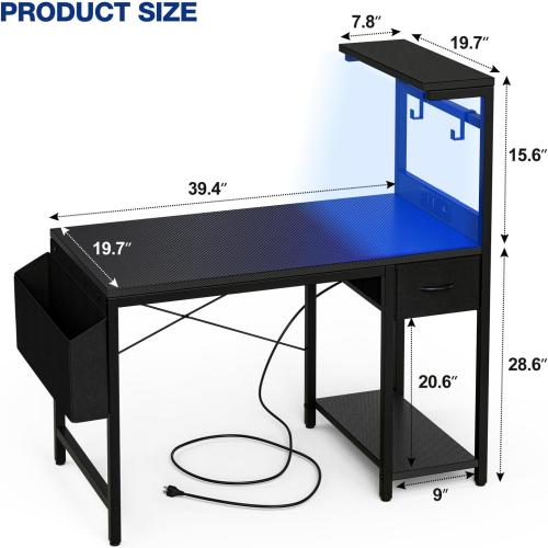 Grandder Gaming Desk 40 Inch with Power Outlet and LED Light, Computer Desk with Reversible Shelves and Storage Drawer, Pc Small Desk for Home Office Table with Bag, Carbon Fiber Black