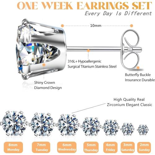 Silver Gold Black Stud Earrings Set 7Pairs Hypoallergenic Cubic Zirconia Titanium Stainless Steel Silver Rose Gold Black CZ Cartilage Stud Earrings Jewelry Sets for Women Men, 2-8mm CZ Stud Earrings