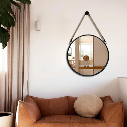 POZINO Round Hanging Mirror, 20 Rope Wall Mirrors Decorative, Black Metal Frame Circle Mirrors, Farmhouse Wall Mounted Mirrors for Bathroom, Bedroom, Living Room, Entryway, Home Decor