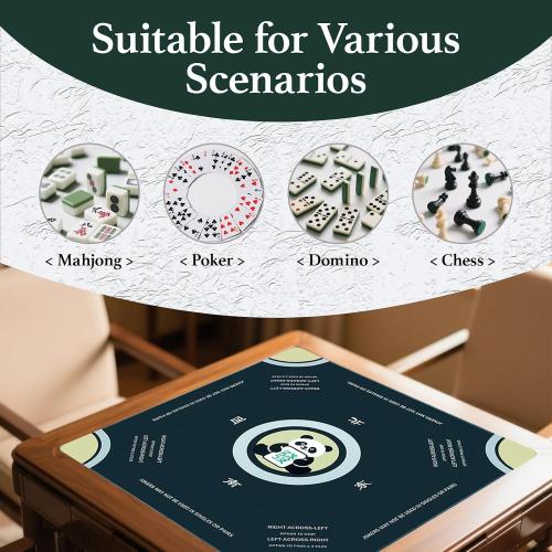 Chinoiserie Mahjong Mat for Table with Rules - 32×32 Noise Reduction and Anti-Slip, Panda Mahjong Pattern，Game Shuffler for Mahjong Cards, Poker Cards, Board Games, Mah Jongg Accessories.(Green