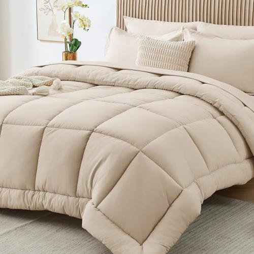 7pc Beige Queen Sasttie Comforter Set, Beige 7 Pieces Bed in a Bag Queen, Complete Bedding Set Includes Comforter, Flat Sheet, Fitted Sheet, Pillowcases and Pillow Shams, Beige