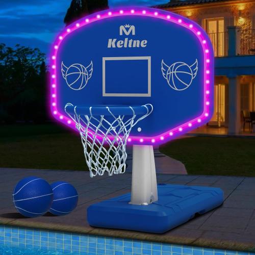 Blue LED Pool Basketball Hoop Poolside, Large Solar Powered Basketball Hoop for Pool, Swimming Pool Basketball Game Toys with Lengthen Sturdy Base for Kids Adults, Includes 2 Balls and Pump