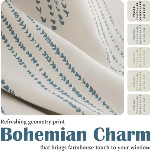 100% Boho Blackout Curtains 84 Inches Long for Bedroom, Blue on Beige Patterned Bohemian Curtains for Living Room, Geometric Striped Thermal Insulated Window Drapes Gromment Top 2 Panels