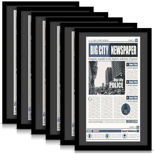 DoubleFill 6 Pcs 11x22 in Newspaper Frame with Mat Assorted Media Article Cover Frame with Hanging Hardware 14x24 in Newspaper Display Poster for Wall Decoration (Black Mat)