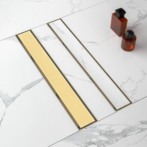 24-Inch Linear Shower Drain with Tile Insert Grate, SUS 304 Stainless Steel Linear Drain, Brushed Gold Long Rectangle Shower Floor Drain with Leveling Feet, Hair Strainer, Fits Bathroom
