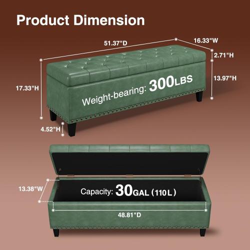 Size 51 Color Green Storage Ottoman Bench,51-Inch Large Storage Bench for Bedroom End of Bed, 30 Gallons Faux Leather Ottoman with Storage for Bedroom, Living Room, Entryway, Hallway,Green
