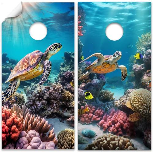Lone Star Art Cornhole Board Wraps and Decals for Boards Set of 2 Skins Vinyl Covers Sticker - Sea Turtles in Ocean Under Sea World Beach Cornhole Decal for Boards Covers Sticker Cornhole Vinyl Wraps
