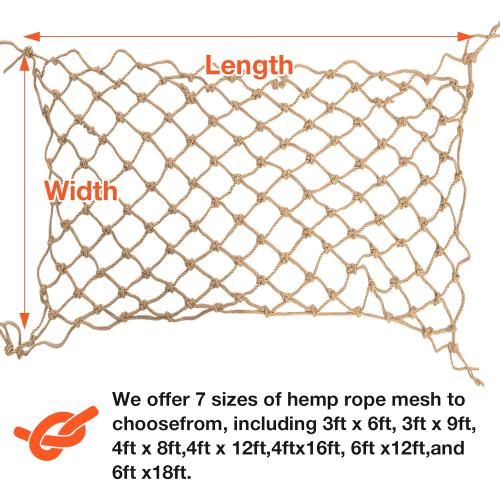Hemp Rope Net (4ft x 16ft) Heavy Duty Natural Jute Rope Climbing Safety Netting for Balcony, Stairs, Fence, Garden, Playground Protection & Indoor/Outdoor Decor
