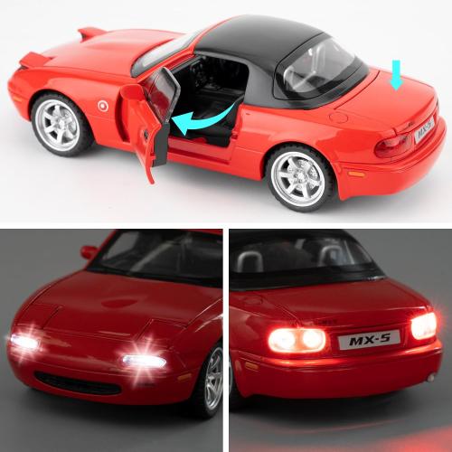 1/32 Mazda Miata MX-5 Alloy Model Car, Toy Car with Pullback, Removable Top, Blinking Lights, Toy Car with Sound and Bright Lights, Collectible Grade Gift for Kids (Red)