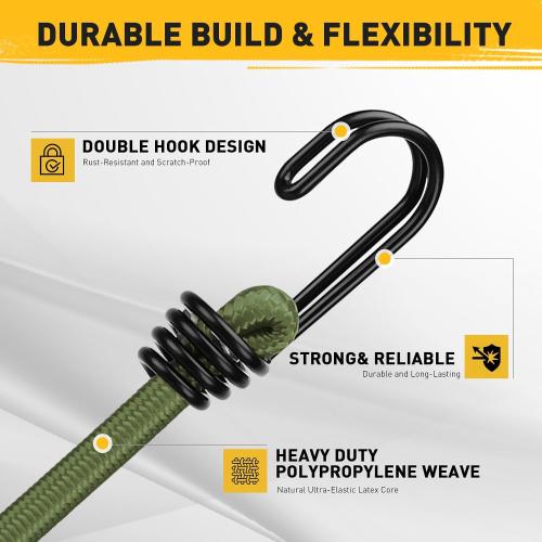 40 Green Bungee Cords with Hooks: 10 Pcs Bungee Cords Heavy Duty Outdoor, Bungie Cord Bundle Assortment with Metal Hook, Bungee Straps for Kayaking, Camping, Garage Storage