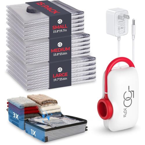 VMstr Vacuum Seal Bags for Clothing Travel, Carry-on Size for Luggage Compression Packing, Space Bags with High Pressure Electric Pump (DC Power) 15-Pack Combo Size Travel Set