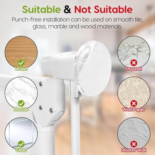 Color White No Drill Baby Gate for Stairs No Bottom Bar,  Adjustable Baby Gate with Large Walk Thru Door, Mesh Dog Gate for Doorways, Swing & Dual Openings, No Drilling Pet Gate Child Safety Gate, White