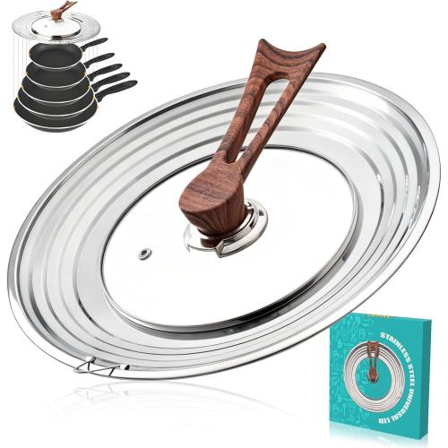 Najor Universal Lid for Pots, Pans and Skillets, Pot Lid With Wooden Standable Handle And Tempered Glass, Fits 8.25, 9, 10, 11, 12 Diameter Pots and Pans