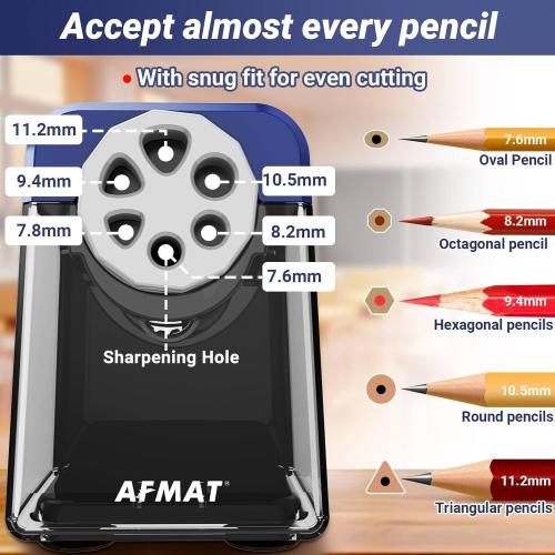AFMAT PSX1 Electric Pencil Sharpener Heavy Duty, 6 Holes, Auto Stop Pencil Sharpener for Artists, Classroom Electric Sharpener for 6-11mm Colored Pencils, 7000 Sharpenings, Fast Sharpen, Save Pencils