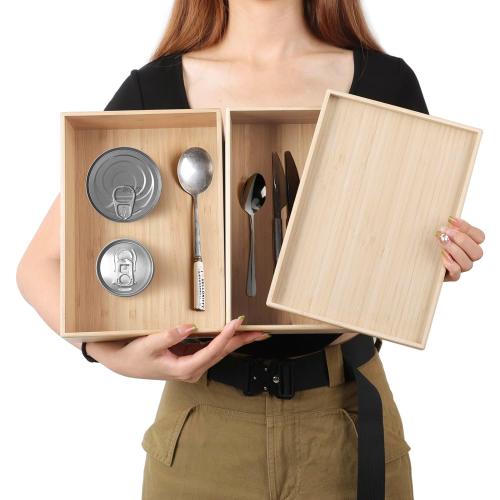 Stackable Bamboo Drawer Organizer Set – 2 Boxes with 1 Lid | Wood-Laminated Trays for Kitchen Utensils, Silverware & Flatware – Storage Fits Cabinets, Pantry, Bathroom & Office | 10.2x7.3 (2-Pack)