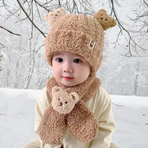 Kids Toddlers Winter Warm Cartoon Plush Hat with Scarf Hoodie Earflap Hat 2 in 1 Set Scarf Shawl Wraps Mittens (Khaki)