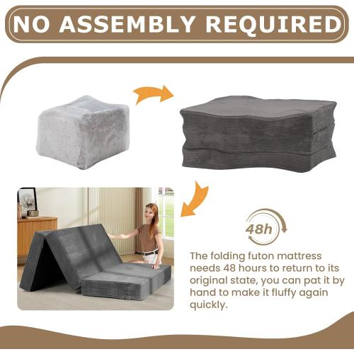 6-Inch Tri-Fold Mattress Twin Size - Foldable Futon Sofa Bed with Removable Washable Cover, Folding Memory Foam Futon Mattress | Non-Slip Bottom & Carry Handles for Guest, Camping, Dorm