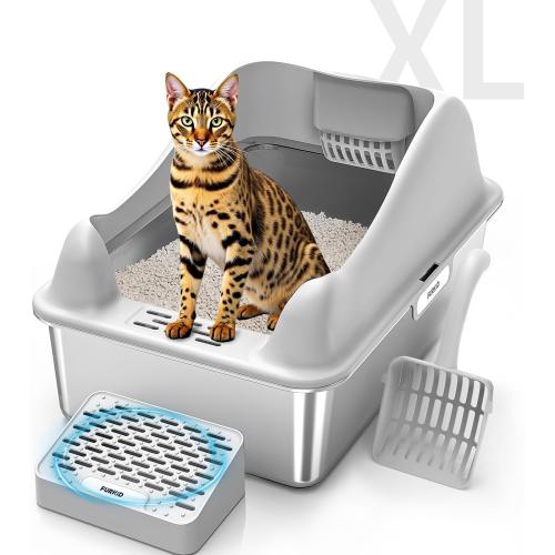 Stainless Steel Cat Litter Box with Lid, XL Extra Large Litter Box for Big Cats, High Sided Kitty Metal Pan with Pedal Filter and Scoop, Non-Sticky&Anti-Leakage Easy Cleaning Gray