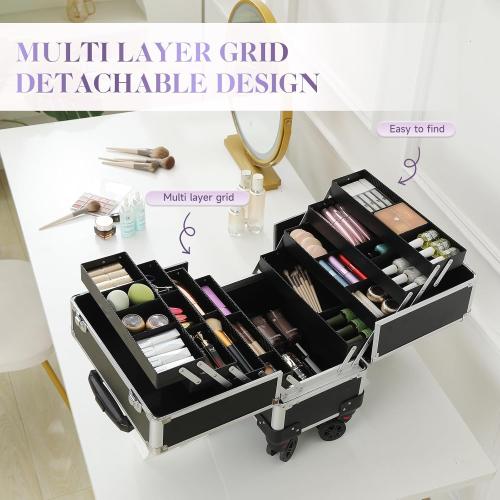 Leeora&Leekoo High-Capacity Multilayer Portable Nail Case for Nail Tech Organizer with Wheels - Lockable Makeup Case Organizer, Cosmetic Case, Makeup Train Case (Black)