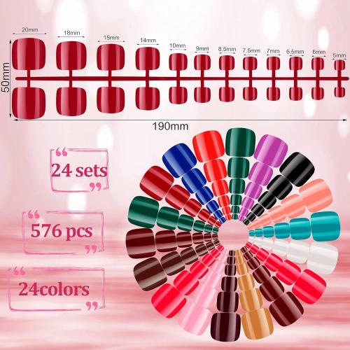 Maitys 576 Pieces 24 Sets Short Press on Toenails for Women Glossy (Classic Colors)