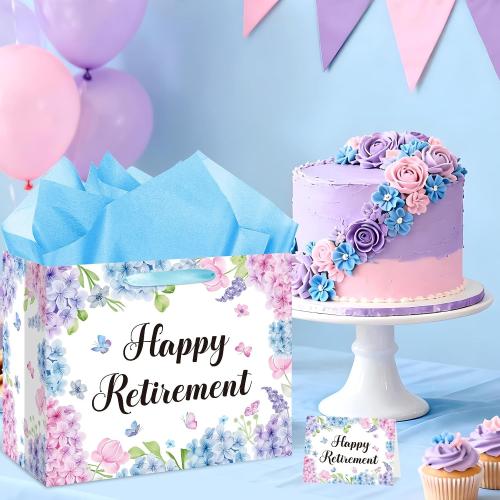 Happy Retirement Gift Bag for Women Blue Floral Retirement Gift Bag with Tissue Paper Greeting Card Hydrangea Retired Gifts for Happy Retirement Office Coworkers Farewell Going Away Party Decorations