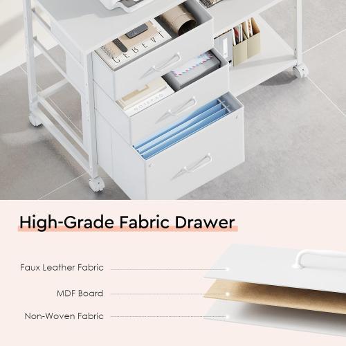 3 Drawer File Cabinet with Wheels Rolling Printer Stand with Open Storage Shelf Fabric Lateral Filing Cabinet for Home Office,White
