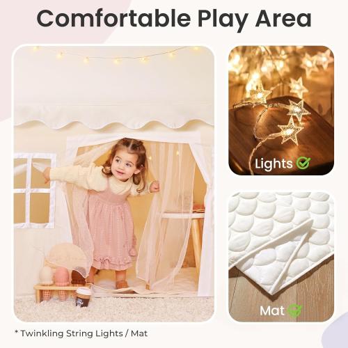 Tiny Land Play Tent with Padded Mat & LED Lights, Kids Tent, Playhouse for Kids, Indoor Bed Tent for Toddler, Toys for 3,4,5,6-Year-Old Girls, Neutral Color Play Room Furniture