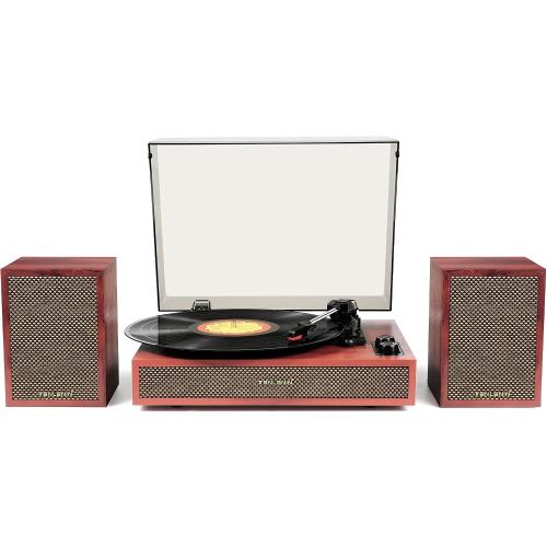 Vinyl Record Player with Dual External Speakers, 3 Speed Vintage Stereo Turntable for Vinyl Records, Bluetooth Input, Auto Stop & Belt Driven System, RCA Out and Aux in