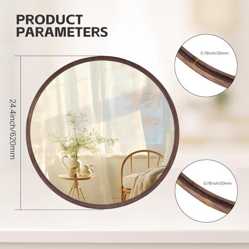 Round Solid Oak Wood Mirror, 24x24 Inch Medium Size, Walnut Frame, Modern Decorative Wall Makeup Mirror for Bathroom, Bedroom, Living Room(Walnut, 24 x 24)