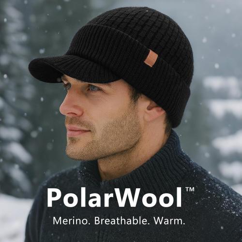 TOP-EX PolarWool™ 100% Merino Wool Winter Hat for Men Fleece Lined Visor Beanie with Brim Outdoor Knit Cap for Cold Weather