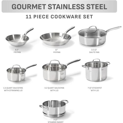 T-fal Stainless Steel Pots and Pans Set 13 Piece, Induction, Oven Broiler Safe 500F, Kitchen Cooking Set w/Fry Pans, Saucepans, Saute Pan, Dutch Oven, Steamer, Cookware, Dishwasher Safe, Silver