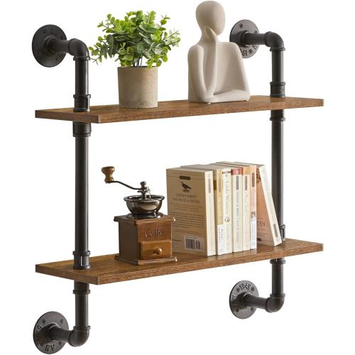 YMYNY Industrial Pipe Shelf Bracket, 2 Tiers Retro Wall Mounted Floating Shelf, Wood DIY Bookshelf, Storage Shelves for Living Room, Bedroom, 24 Farmhouse Bathroom Shelving, HD-UHRF-TM004