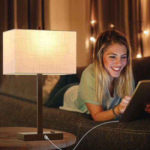 21 Touch Bedside lamps with 2 USB & AC Outlets, 3-Way Dimmable Bedside Table Lamps Set of 2 for Bedroom Living Room Office Reading, White Shade Lamps for Night Stands, 2700K LED Bulbs Included