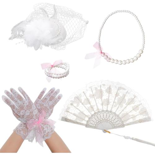 Fumwase 5Pcs Tea Party Accessories Set for Women Tea Party Favors Kit Tea Party Gloves Hats Necklace Fan Bracelet