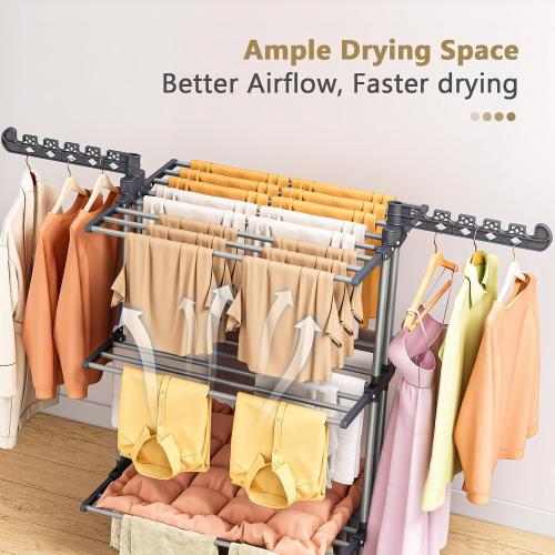 Upgraded 4-Tier Clothes Drying Rack, Drying Rack Clothing with Wheels | Large Foldable Laundry Drying Rack, Clothes Rack with Side Hooks for Indoor Outdoor Air Drying, 19.68D x 29.9W x 67.7H
