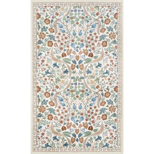 Lahome Floral 3x5 Beige Nursery Rug, Non-Slip Washable Area Rugs for Dorm Bedside Entryway, Botanical Soft Boho Carpet for Kids Room, Entrance Indoor