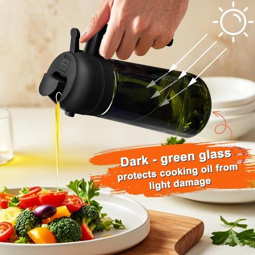Oil Sprayer for Cooking, 2 in 1 Olive Oil Dispenser Bottle for Kitchen, 16oz/470ml Premium Glass, Food-grade Oil Mister for Air Fryer, Salad, Frying, BBQ (Black   Dark Green Bottle)
