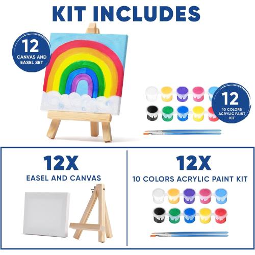 Mini Canvas and Easel Set with 10 Colors Acrylic Paint in Bulk Set of 12 - Kids Art Party Favors & Party Supplies - 4x4 Small Canvases for Painting with Mini Easel - Paint for Kids