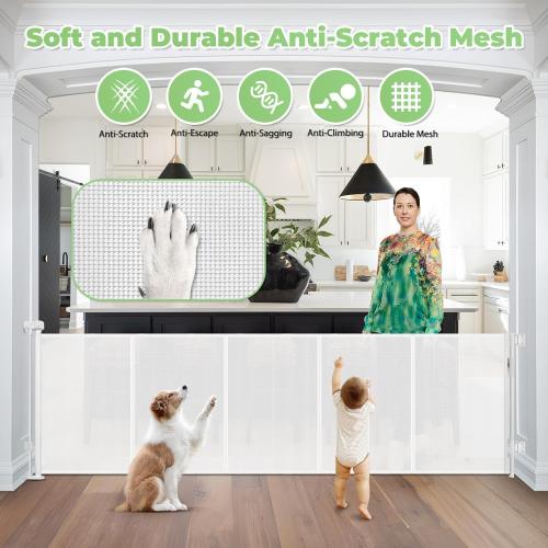 White Reinforced 120 Inch Extra Long Retractable Baby & Dog Gate with Support Rods Prevents Crawling Under, 10 Ft Wide for Large Openings, Indoor/Outdoor Gate, White