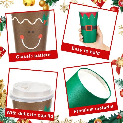 Dandat 16 oz  Christmas Coffee Paper Cups with Lids Disposable Christmas Paper Cups for Hot Cocoa Tea Beverage Holiday Xmas Party Supplies