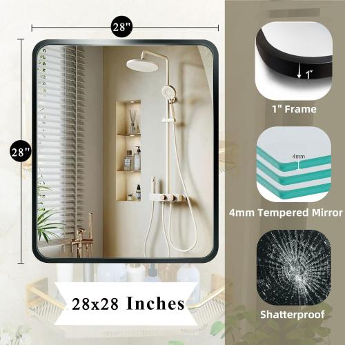 28x28 Black Square Mirror, Bathroom Mirrors for Over Sink, Rectangle Bathroom Vanity Mirror for Wall, Large Modern Metal Frame Shatterproof Rectangular Mirror for Restroom Powder Room Toilet