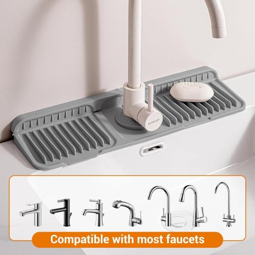 Faucet Mat for Kitchen Sink, 17.7X5.5 Silicone Sink Splash Guard with Soap Holder, Snap-On Design & 7°slope Fast Drain, Folding Sink Faucet Mat for Universal Kitchen Bathroom Sink（Grey）