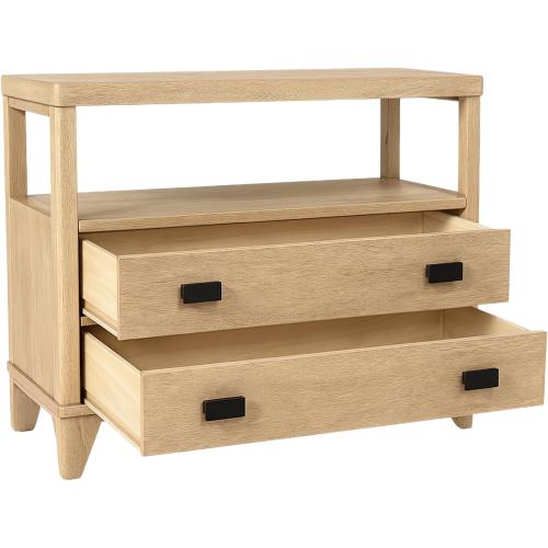 (LEGS IN TOP DRAWER) East at Main Ezra Large 2-Drawer Nightstand – Warm Brown Solid Bayur Wood Bedside Table with Open Shelf, Black Hardware & Angled Legs – 34” W x 15” D x 29.5” H