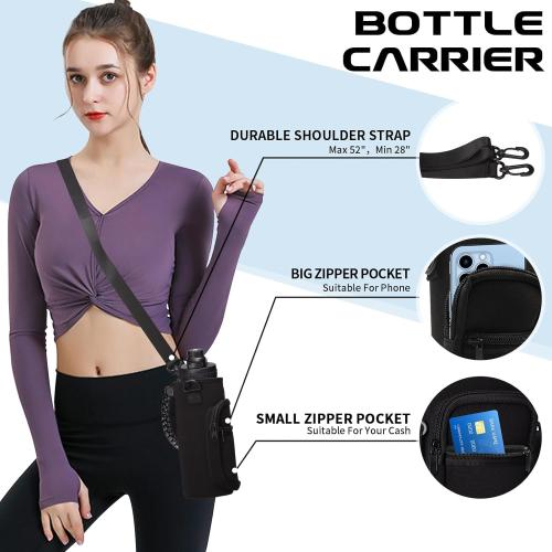 Black Water Bottle Carrier with Shoulder Strap for 32oz Water Jugs, Water Bottles Holder Bag with Phone Pouch Pockets for Camping& Travelling-The Perfect Flask Accessory