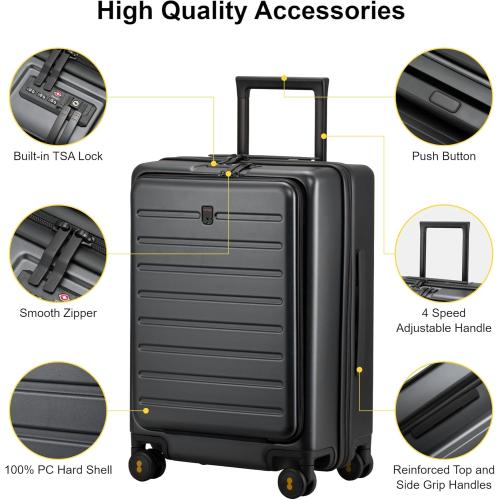 LEVEL8 Carry On Luggage with Compartment, 20 Inch Lightweight Hard Shell Rolling Suitcase with Wheels Airline Approved with Front Pocket, Double Tsa Locks, Grey