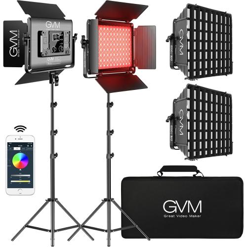 GVM 1000D RGB Led Video Light with 2 Softboxes, Photography Lighting Kit with Bluetooth Control, Full Color Video Lighting Kit with 18 Applicable Scenes, 2 Packs Led Light Panel for Video Shooting