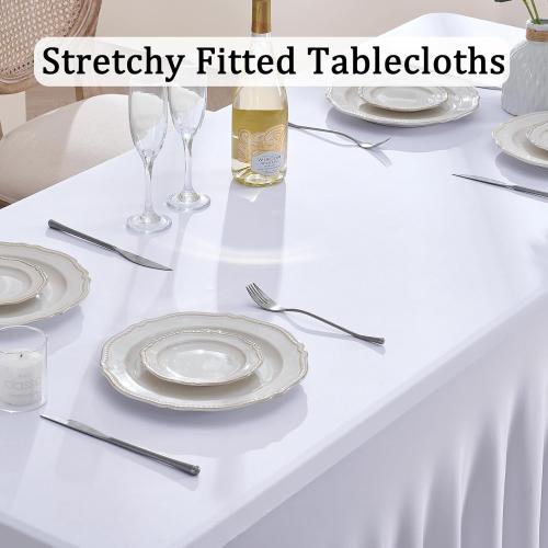 White Spandex Tablecloths for 6 Foot Rectangle Tables, Wrinkle Free Stretchy Table Cloths 6ft Fitted Table Cover DeskSkirt for Weddings Birthday Party Banquet Baby Shower
