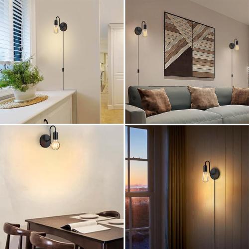 DTIEDY Plug in Wall Sconce with On Off Switch Industrial Wall Mount Light Fixture E26 Vintage Wall Sconces with Plug in Cord Black Metal Farmhouse 1-Light Wall Lamp for Bedroom Living Room