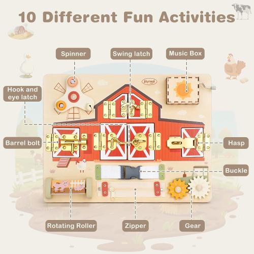 Joyreal Wooden Montessori Busy Board with Music Box for Toddlers | Farm Theme Sensory Activity Board, Fine Motor Skills Travel Toy, Educational Learning Toy, Birthday Christmas Gift